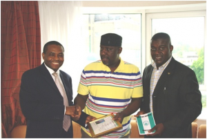 Imo State Union UK L-R: Sir Emmanuel Ahanonu, President Imo state Union UK, Owelle Rochas Okorocha, Governor Imo State & Chief Ethelbert Maduakolam, Secretary Imo State, UK