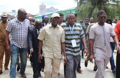 CHAIRMAN OF THE SEVEN-MAN COMMITTEE IN-CHARGE OF THE APC PRIMARY ELECTION FOR BAYELSA, GOV. ADAMS OSHIOMHOLE (M), ARRIVING THE VENUE AT SAMSON SIASIA SPORTS COMPLEX AT OVOM IN YENAGOA ON TUESDAY