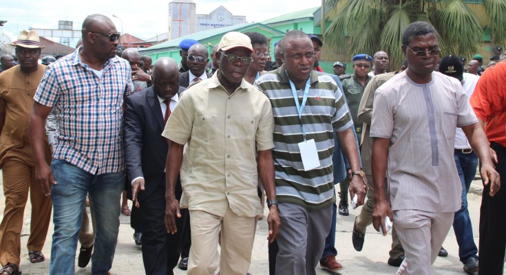 CHAIRMAN OF THE SEVEN-MAN COMMITTEE IN-CHARGE OF THE APC PRIMARY ELECTION FOR BAYELSA, GOV. ADAMS OSHIOMHOLE (M), ARRIVING THE VENUE AT SAMSON SIASIA SPORTS COMPLEX AT OVOM IN YENAGOA ON TUESDAY